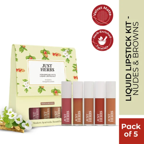 Just Herbs Enriched Liquid Lipstick Kit | Set Of 5 | Nudes And Browns