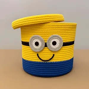 Jute Round Basket For Storage Cotton Rope Toys Basket With Lid Handwoven Natural Foldable Laundry Hamper for Home, Office, Living Room Size 10x10 inch (MINION)